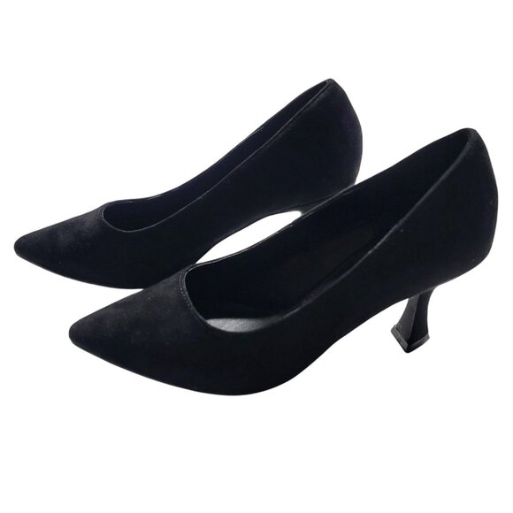 Black Pumps 5 Sueded Pointed Toe Mid Kitten Heels - Picture 2 of 10